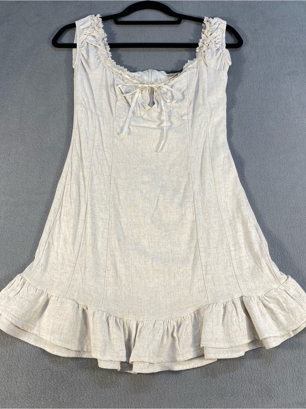 Beverly and Beck women’s Linen-Blend Cream Ruffle Hem Sundress, back zipper, M